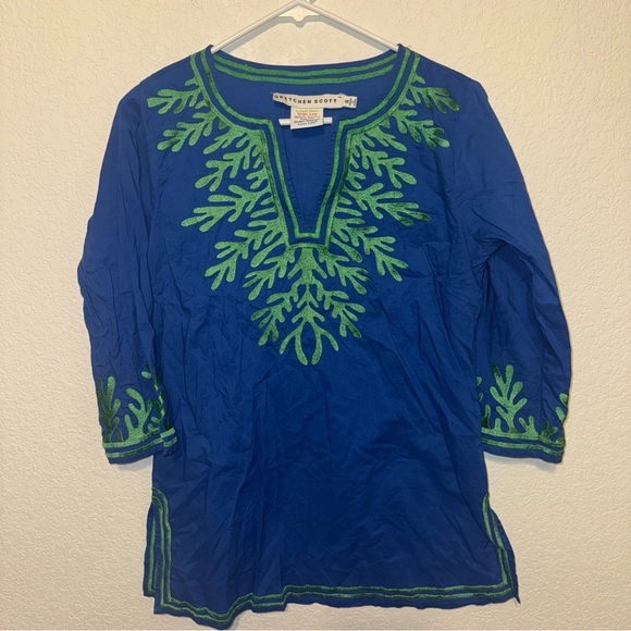 Gretchen Scott Designs Tops - Gretchen Scott Embroidered Cotton  Tunic navy  Size small